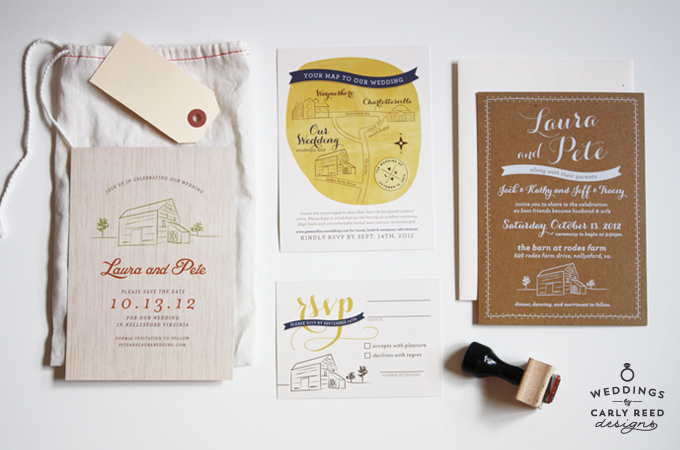 A custom invitation suite for a rustic barn wedding in Nellysford, VA. Photo by Emily Gilbert.