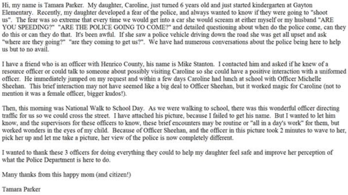 Tamara Parker Henrico Police Letter